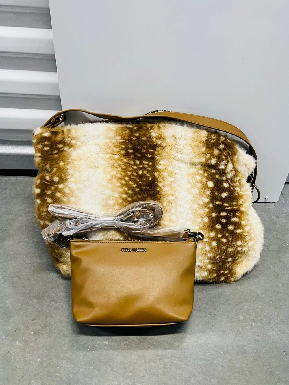 NWT viral Steve Madden Faux Fur Deer Print Hobo Bag + Matching Pouch -
